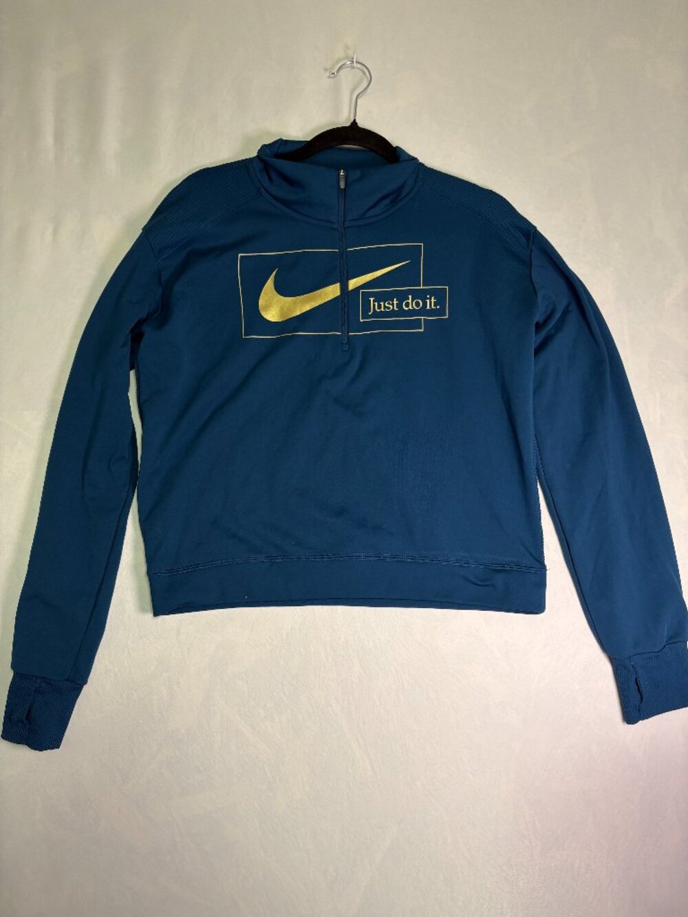Nike Running Dri-FIT Quarter Zip Pullover Blue Gold Swoosh Size Small